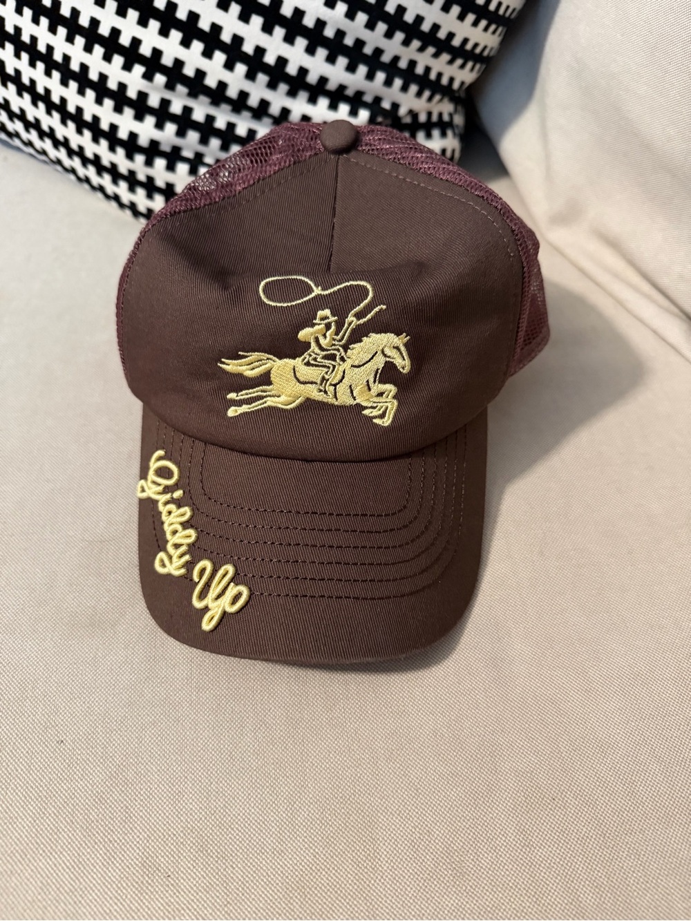 Brown Trucker Hat with Yellow Rodeo Embroidery